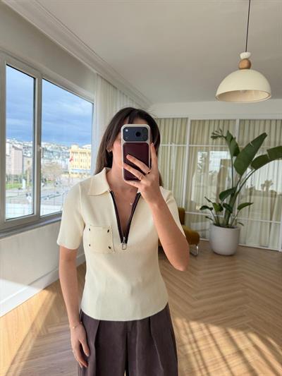 Fermuarlı Polo Yaka Krem Triko