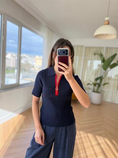 Fermuarlı Polo Yaka Lacivert Triko