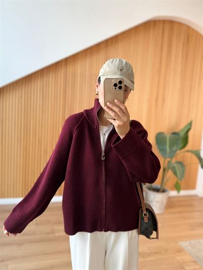 Fermuarlı Reglan Kol Bordo Hırka