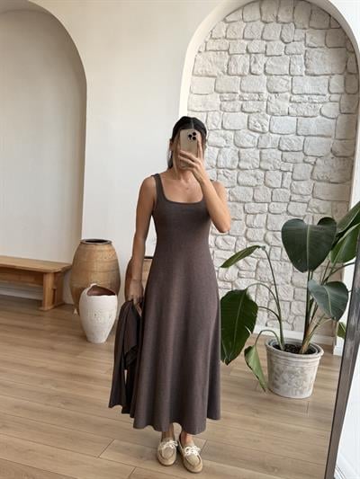 Kahverengi Fitilli Örme Bluz Elbise Takım