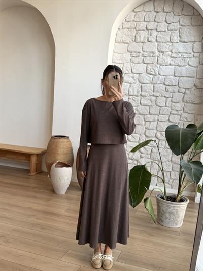 Kahverengi Fitilli Örme Bluz Elbise Takım