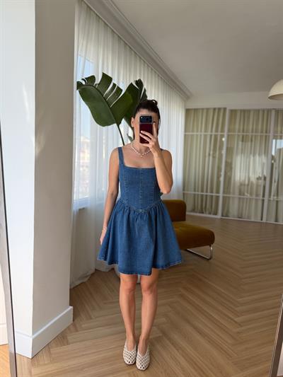 Fiyonk Detaylı Mavi Denim Elbise