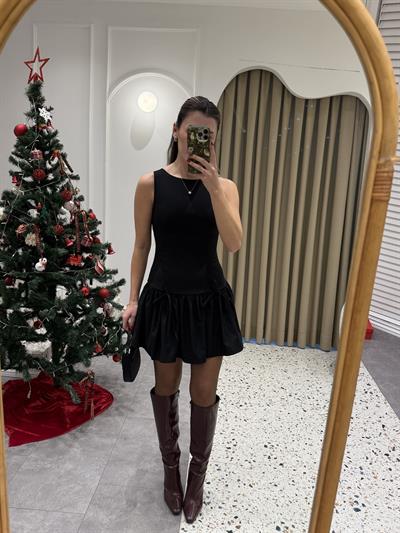 Fiyonk Detaylı Siyah Poplin Elbise