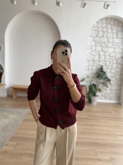 Fiyonk Düğmeli Uzun Kollu Bordo Hırka