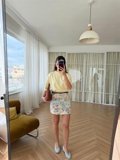 Floral Desen Ekru-Mavi Etek