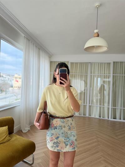 Floral Desen Ekru-Mavi Etek