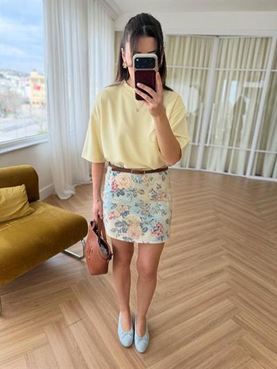 Floral Desen Ekru-Mavi Etek