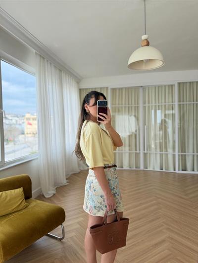 Floral Desen Ekru-Mavi Etek