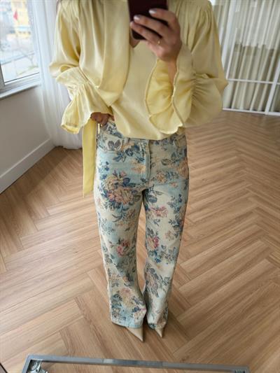 Floral Desen Ekru - Mavi Pantolon