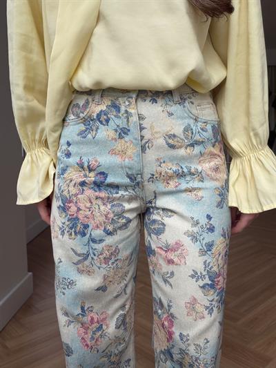 Floral Desen Ekru - Mavi Pantolon