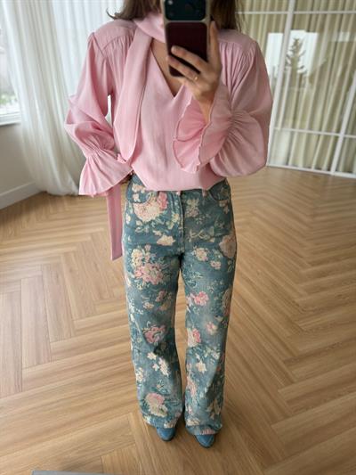 Floral Desen Mavi Pantolon