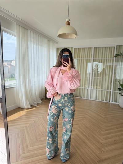 Floral Desen Mavi Pantolon