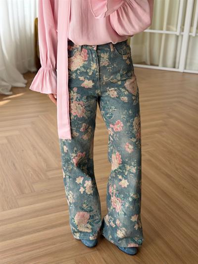Floral Desen Mavi Pantolon