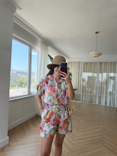 Floral Desen Şort Gömlek Takım
