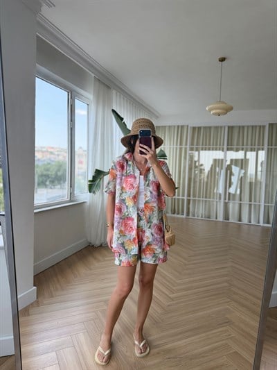 Floral Desen Şort Gömlek Takım