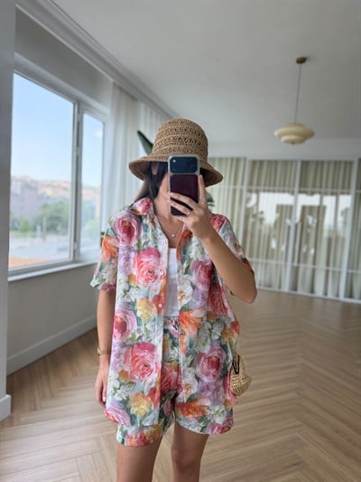 Floral Desen Şort Gömlek Takım