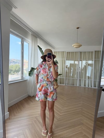 Floral Desen Şort Gömlek Takım