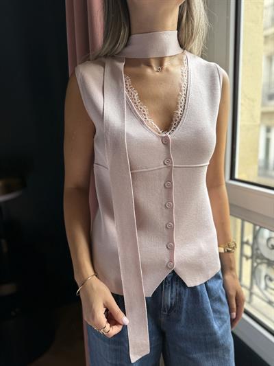 Fularlı Dantel Detaylı Pudra Bluz