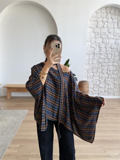 Fularlı Ekose Desen Dökümlü Bluz