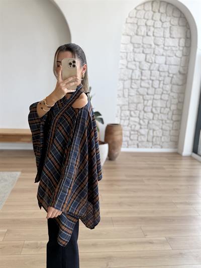 Fularlı Ekose Desen Dökümlü Bluz