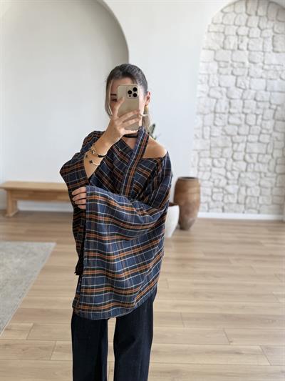 Fularlı Ekose Desen Dökümlü Bluz