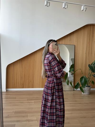 Fularlı Ekose Desen Elbise