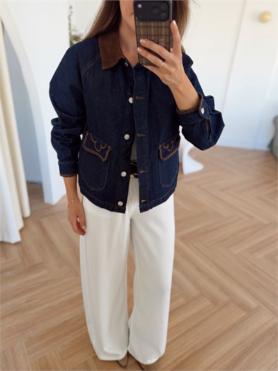 Garnili Yaka Cebi Nakışlı Denim Ceket