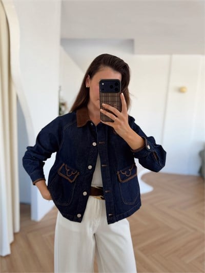 Garnili Yaka Cebi Nakışlı Denim Ceket