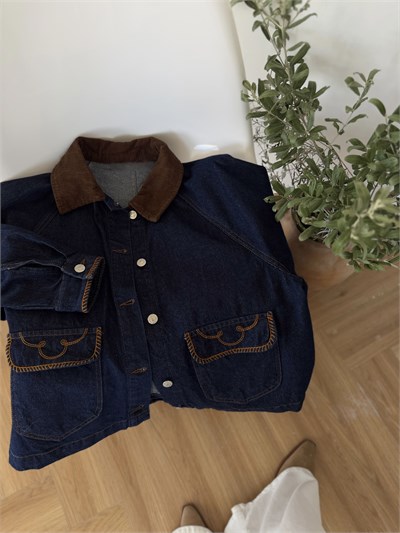 Garnili Yaka Cebi Nakışlı Denim Ceket