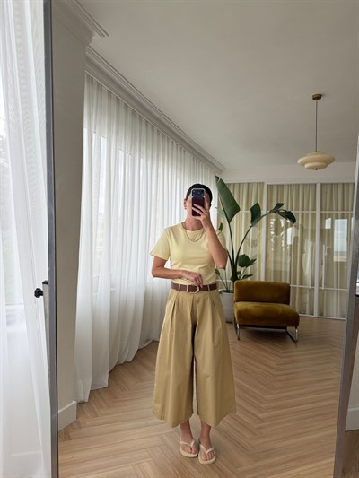 Geniş Paça Kemerli Camel Pantolon