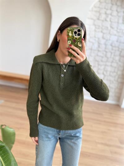 Geniş Polo Yaka Haki Kazak