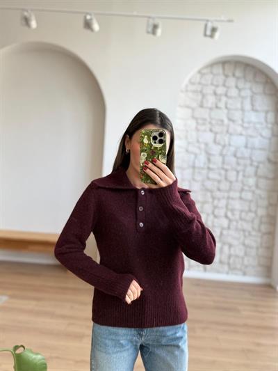 Geniş Polo Yaka Mürdüm Kazak