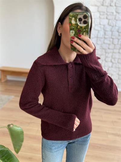 Geniş Polo Yaka Mürdüm Kazak