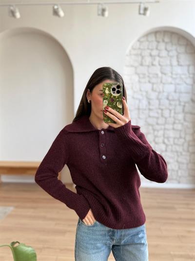 Geniş Polo Yaka Mürdüm Kazak