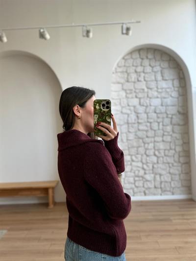 Geniş Polo Yaka Mürdüm Kazak