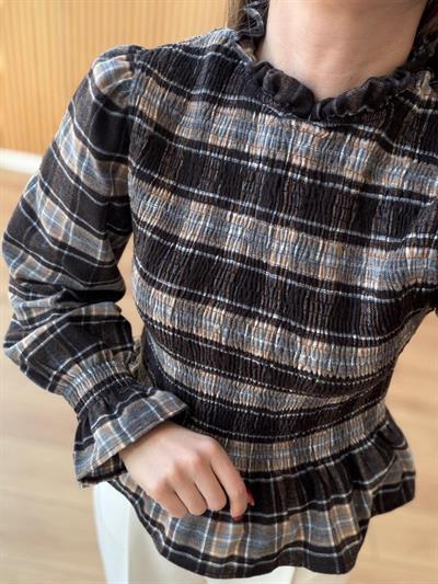 Gipeli Volanlı Ekose Desen Kahve-Bej Bluz