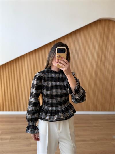 Gipeli Volanlı Ekose Desen Kahve-Bej Bluz