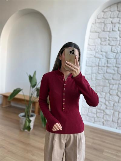 Gold Çıtçıt Düğmeli Bordo Triko Bluz