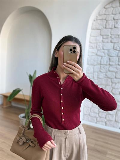 Gold Çıtçıt Düğmeli Bordo Triko Bluz
