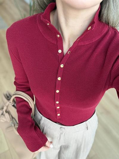 Gold Çıtçıt Düğmeli Bordo Triko Bluz