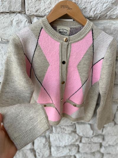 Gold Düğmeli Pembe-Bej Baklava Desen Hırka