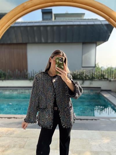 Gold Düğmeli Renkli Tüvit Ceket