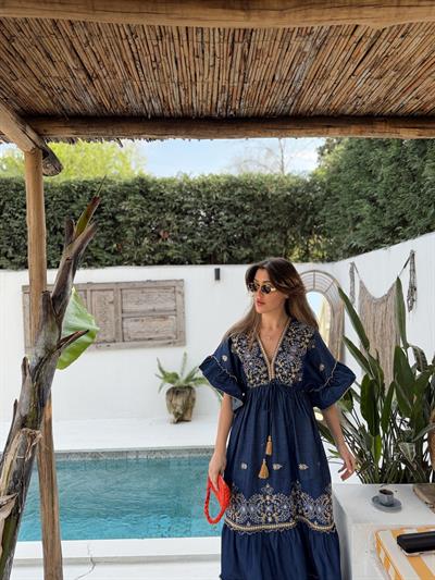 Gold Nakışlı Tensel Denim Elbise