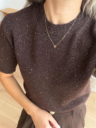Gold Simli Kahverengi Kısa Kollu Triko