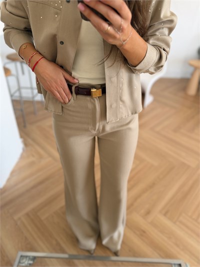 Gömleği Taş İşlemeli Bej Gabardin Takım