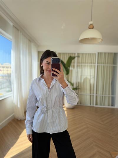 Gül İp Bağlamalı Gri Çizgili Gömlek 