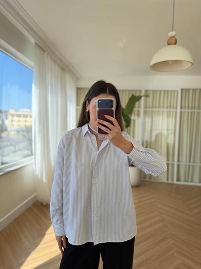 Gül İp Bağlamalı Gri Çizgili Gömlek 