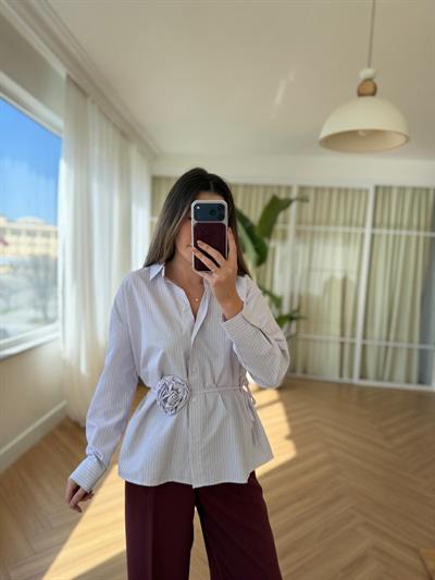 Gül İp Bağlamalı Kırmızı Çizgili Gömlek 