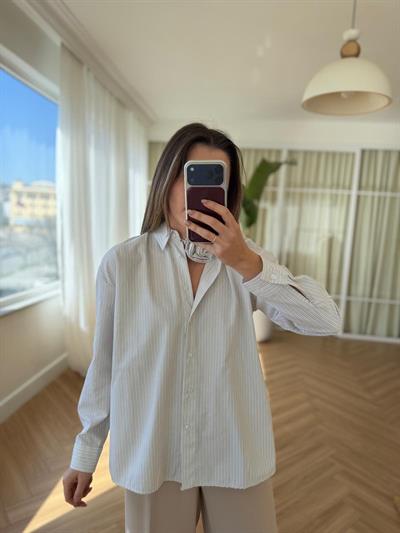 Gül İp Bağlamalı Yeşil Çizgili Gömlek 