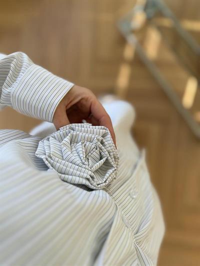 Gül İp Bağlamalı Yeşil Çizgili Gömlek 